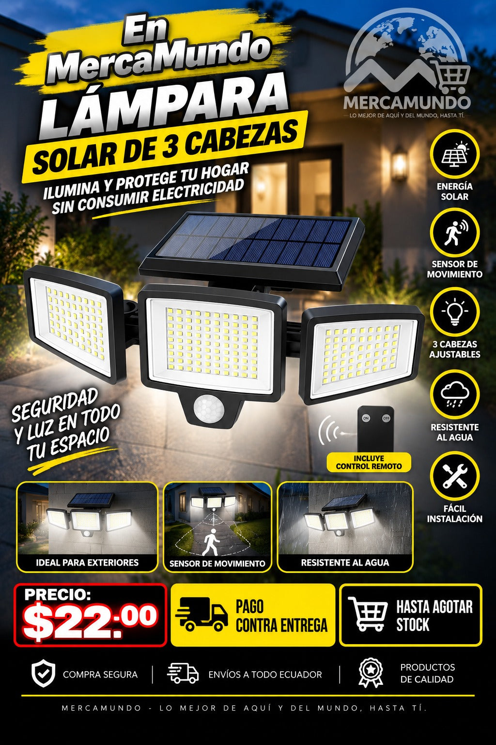 Lámpara Solar de 3 Cabezas