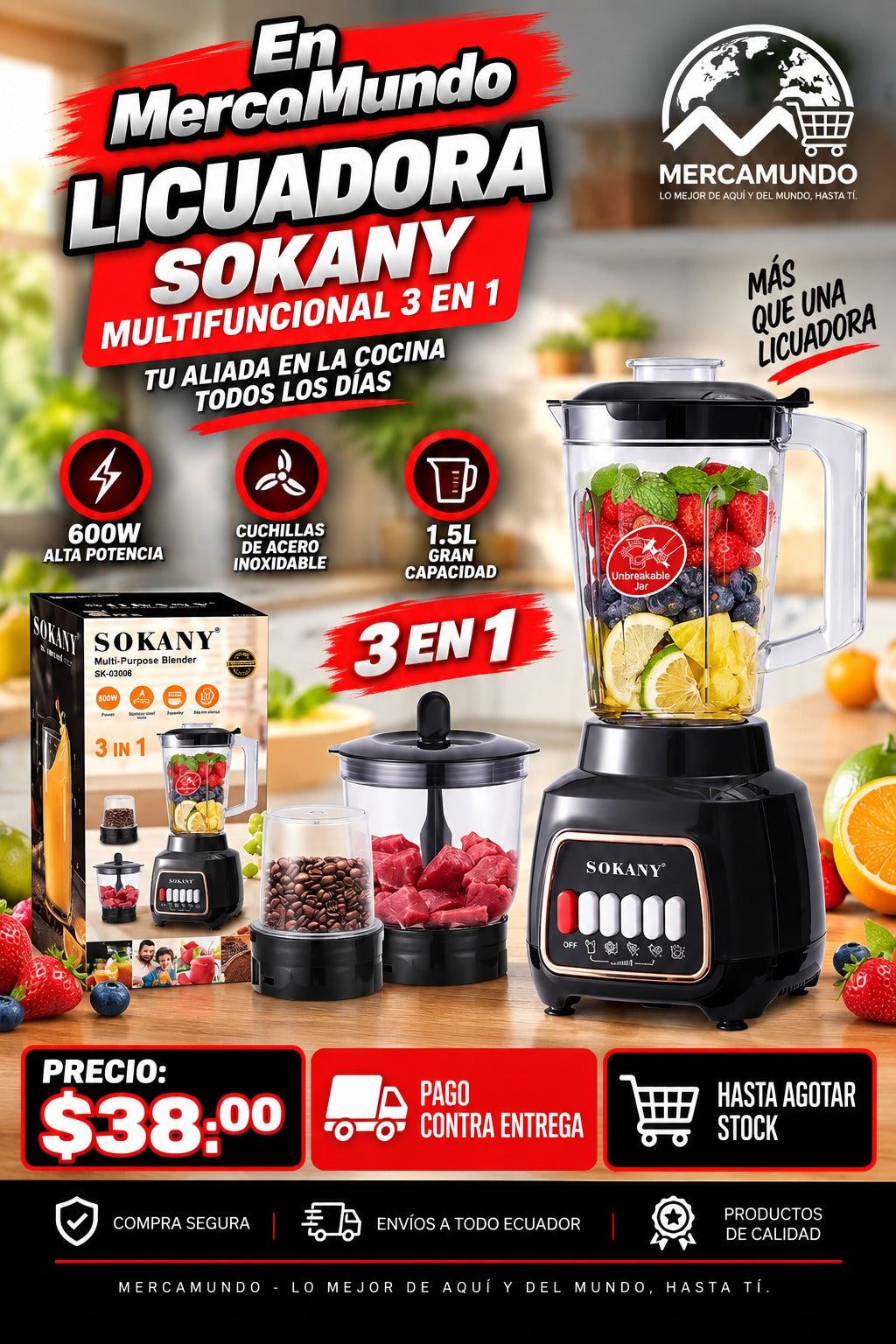 Licuadora Sokany Multifuncional 3 en 1.