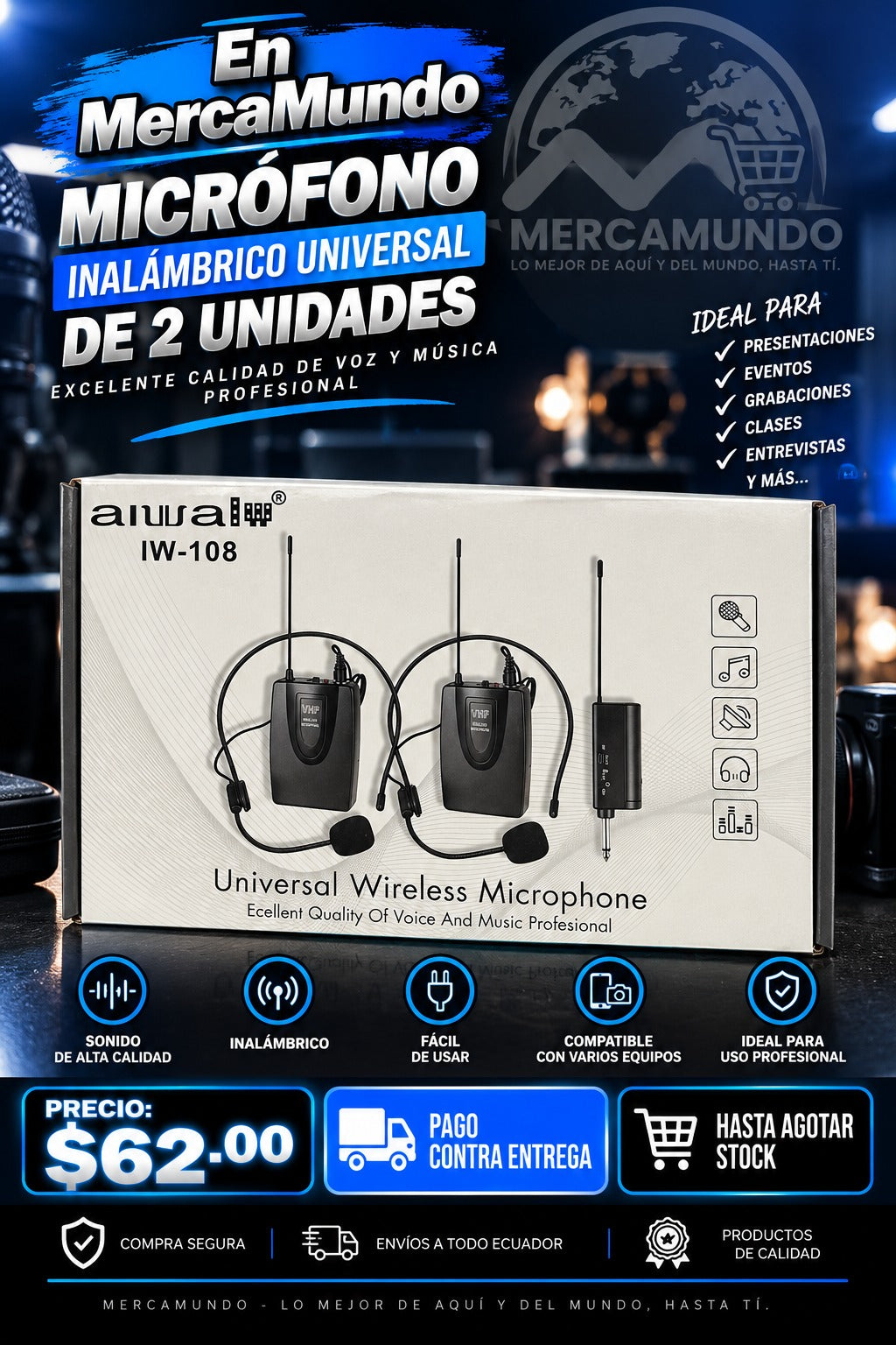 Micrófono Inalámbrico Universal de 2 Unidades